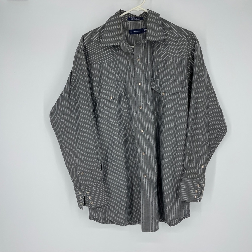 Panhandle Slim Shirt Mens Large 16-34 Gray White Striped Pearl Snap Western Top